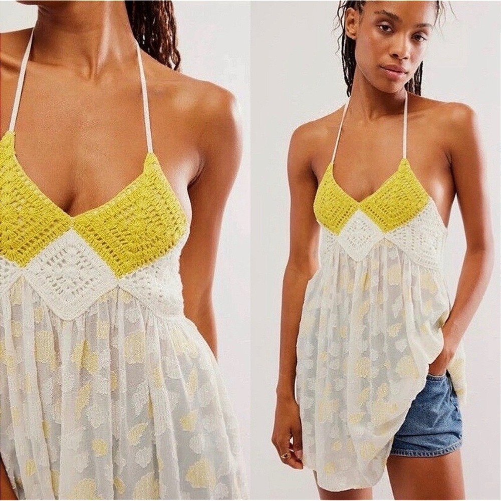 Free People Yellowbell Tunic Halter Top XS Cotton Crochet Boho Babydoll NWOT